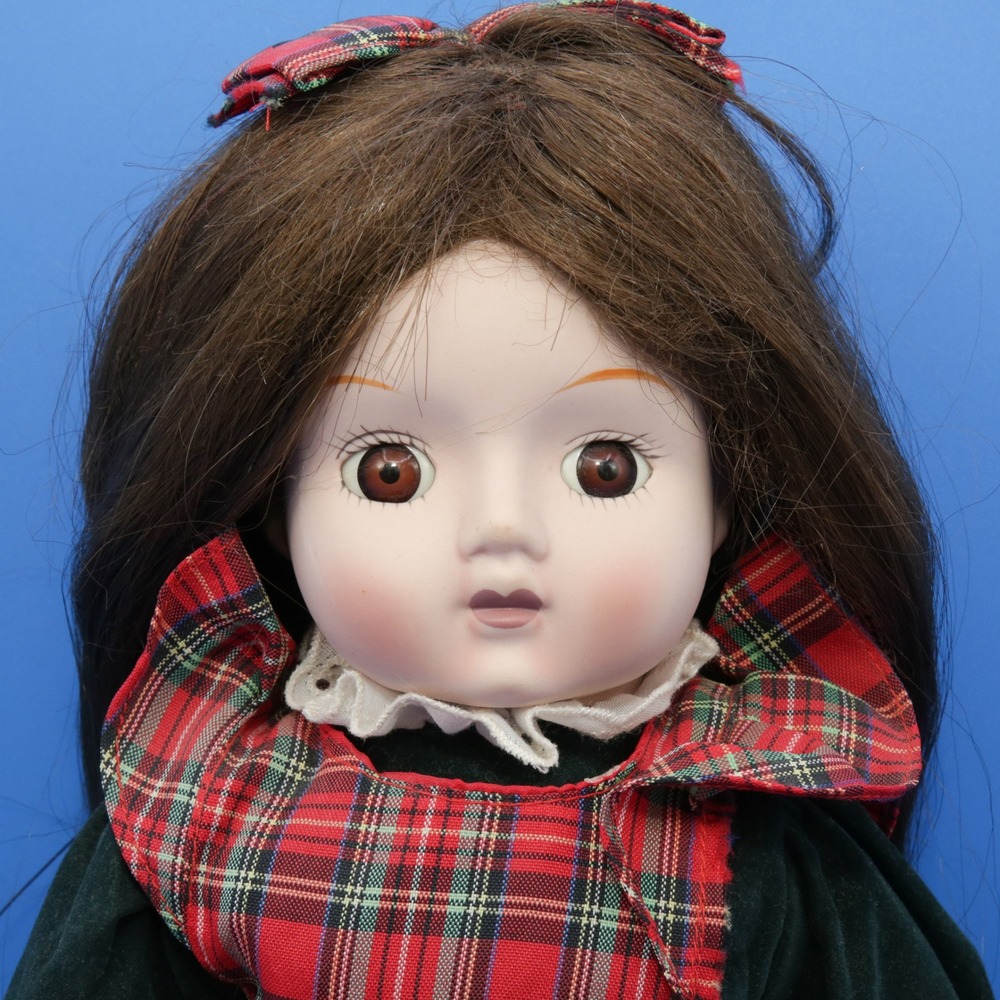 Schmid Porcelain Music Doll Girl OS Green Red Good Plaid Velvet Vintage Musical